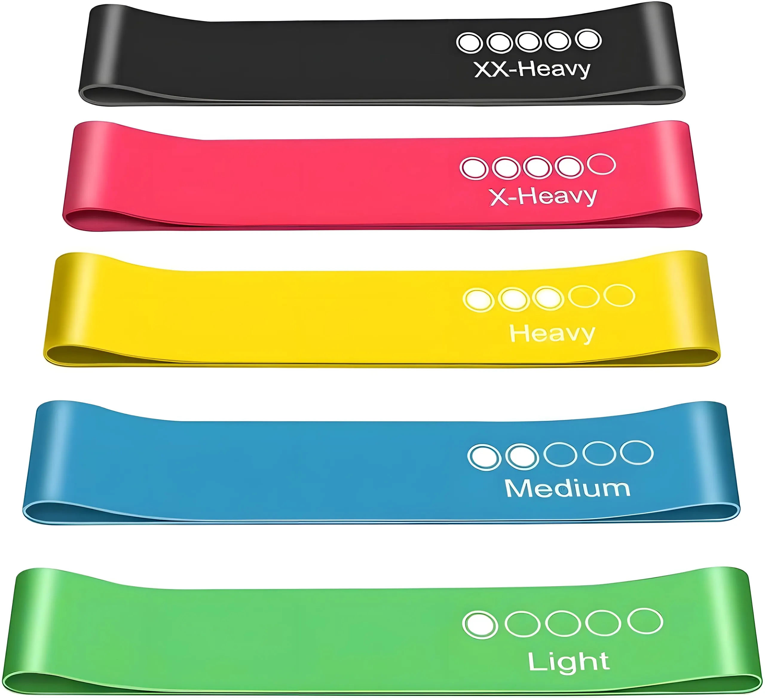 Las cinco bandas de resistencia FlexGrip: negra, roja, amarilla, azul y verde