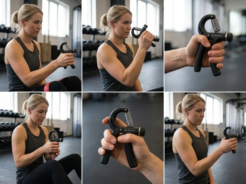 Secuencia de fotos de una mujer y de una mano entrenando con el handgrip regulable FlexGrip